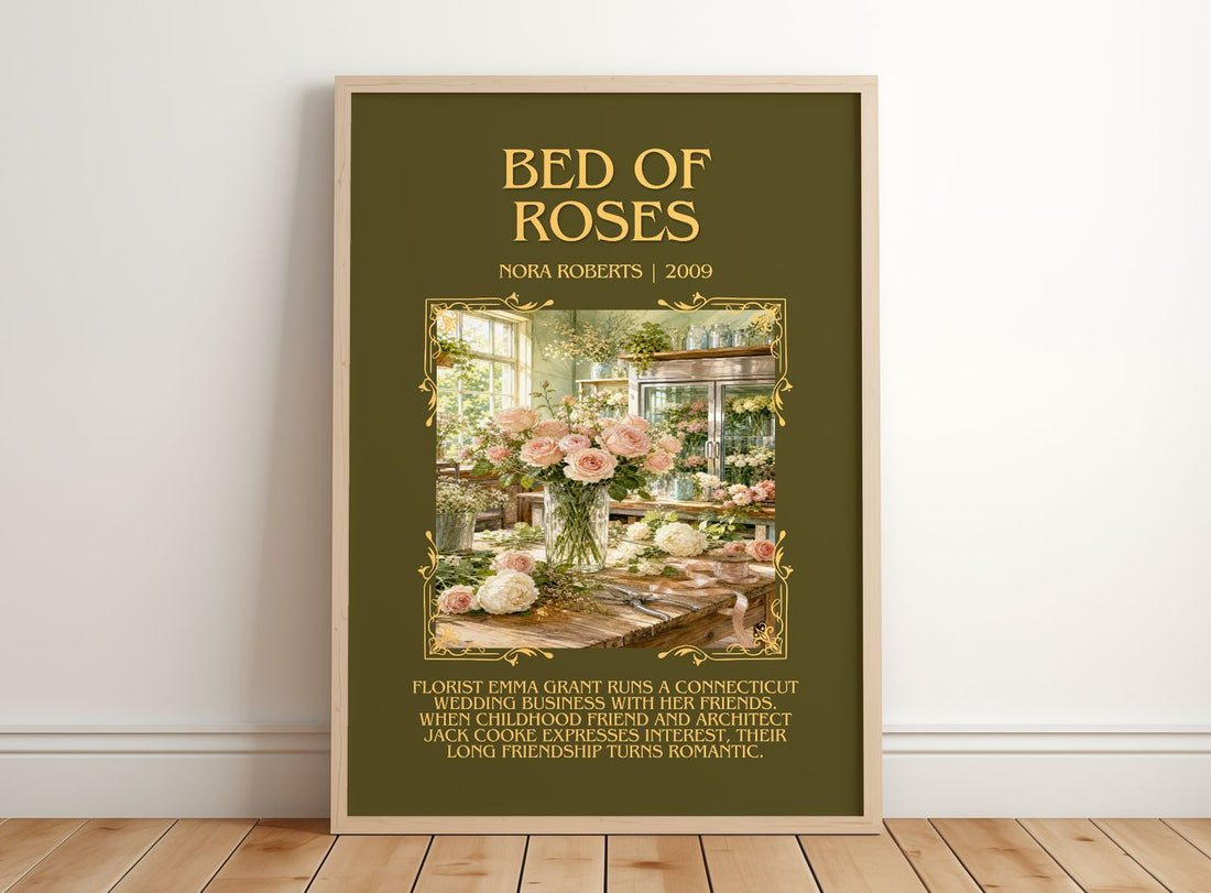 Bed Of Roses Minimalist Book Poster by Nora Roberts – framed print leaning on a wooden floor