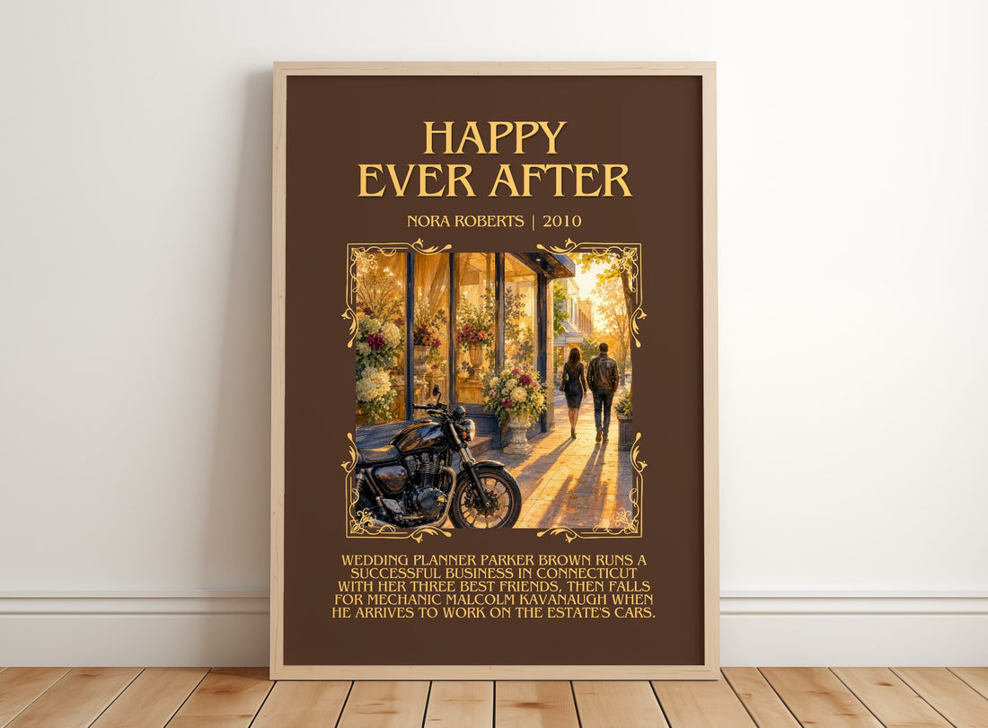 Happy Ever After Minimalist Book Poster by Nora Roberts – framed print leaning on a wooden floor
