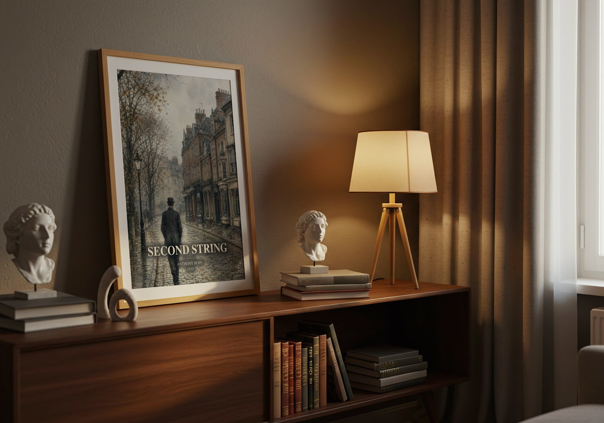 Second String watercolour print on bookshelf – Anthony Hope fan gift