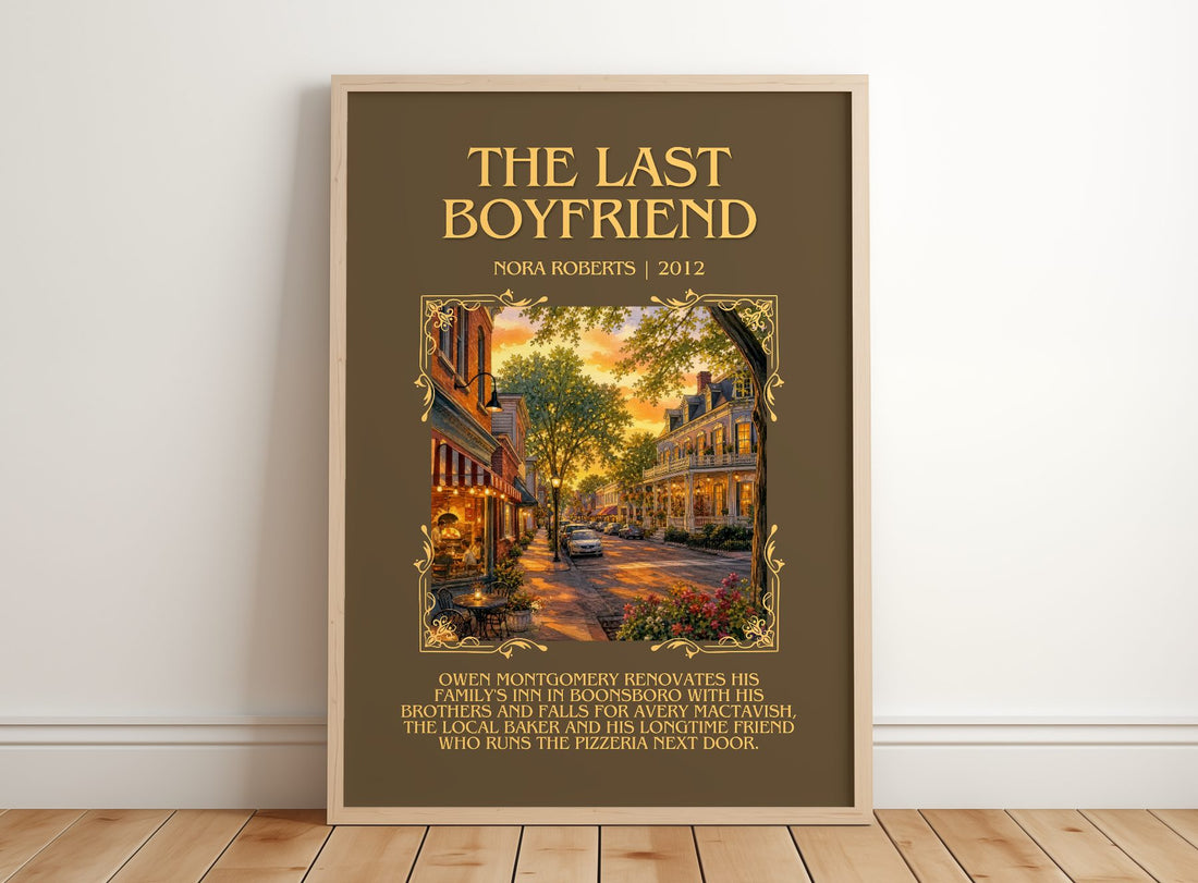 The Last Boyfriend Minimalist Book Poster by Nora Roberts – framed print leaning on a wooden floor