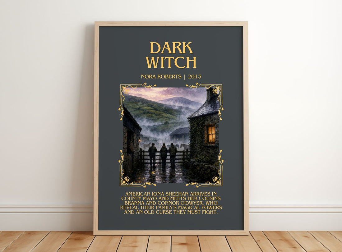Dark Witch Minimalist Book Poster by Nora Roberts – framed print leaning on a wooden floor