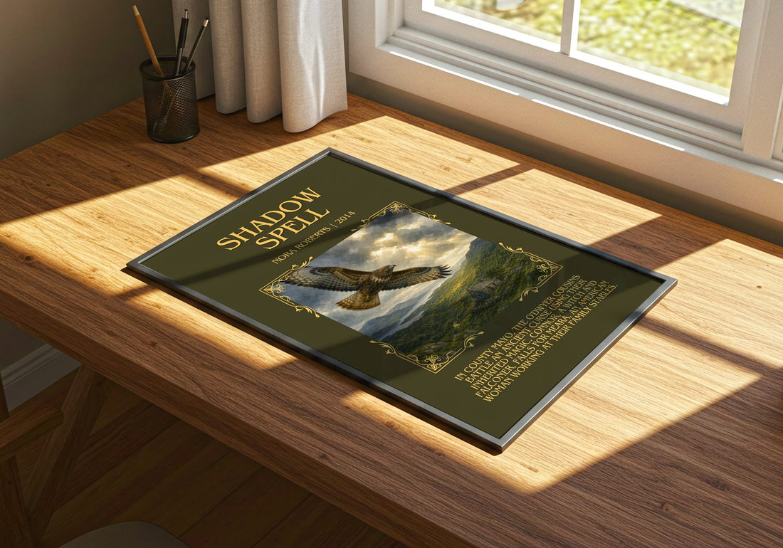 Shadow Spell Minimalist Book Poster by Nora Roberts – print on a sunlit desk