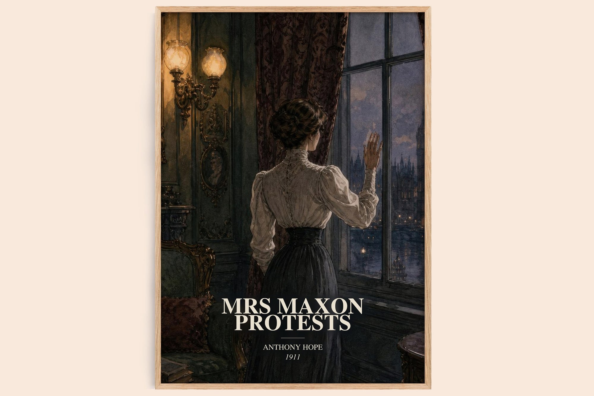 Mrs Maxon Protests watercolour book poster by Anthony Hope – framed literary art print