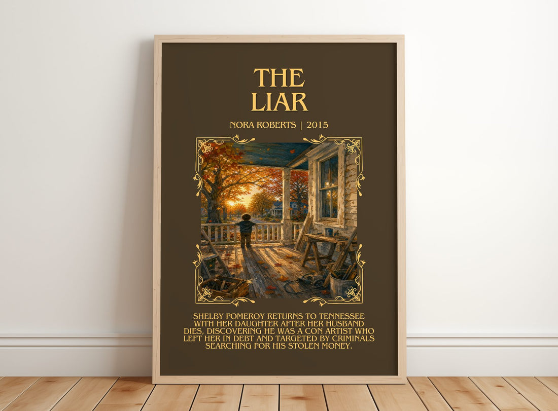 The Liar Minimalist Book Poster by Nora Roberts – framed print leaning on a wooden floor