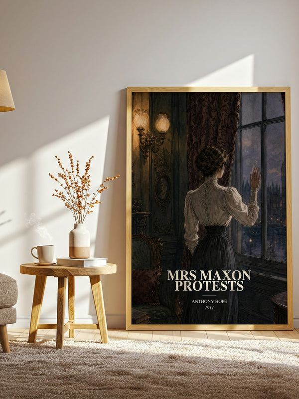 Mrs Maxon Protests watercolour print in frame leaning in hallway – romance wall art