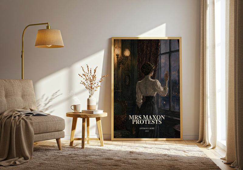 Mrs Maxon Protests watercolour print in frame leaning in hallway – romance wall art