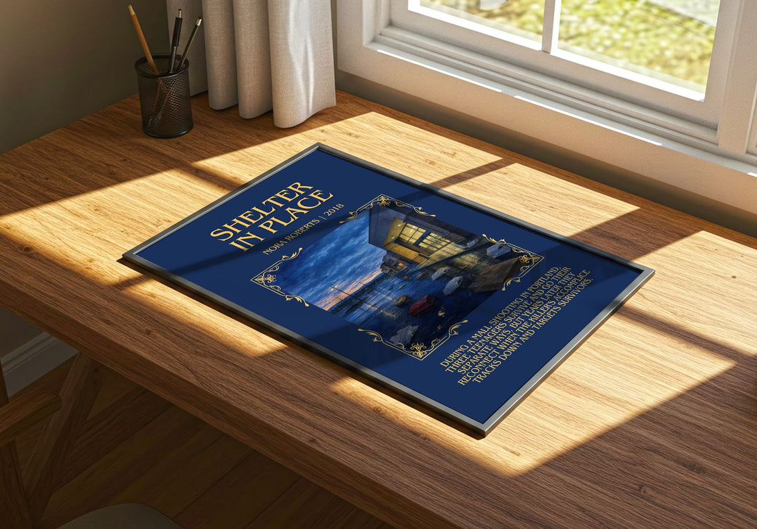 Shelter In Place Minimalist Book Poster by Nora Roberts – print on a sunlit desk