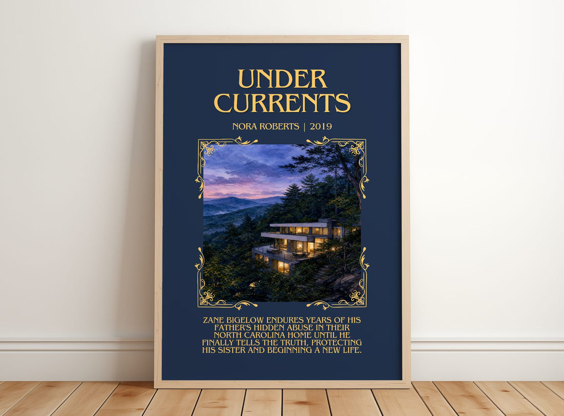 Under Currents Minimalist Book Poster by Nora Roberts – framed print leaning on a wooden floor