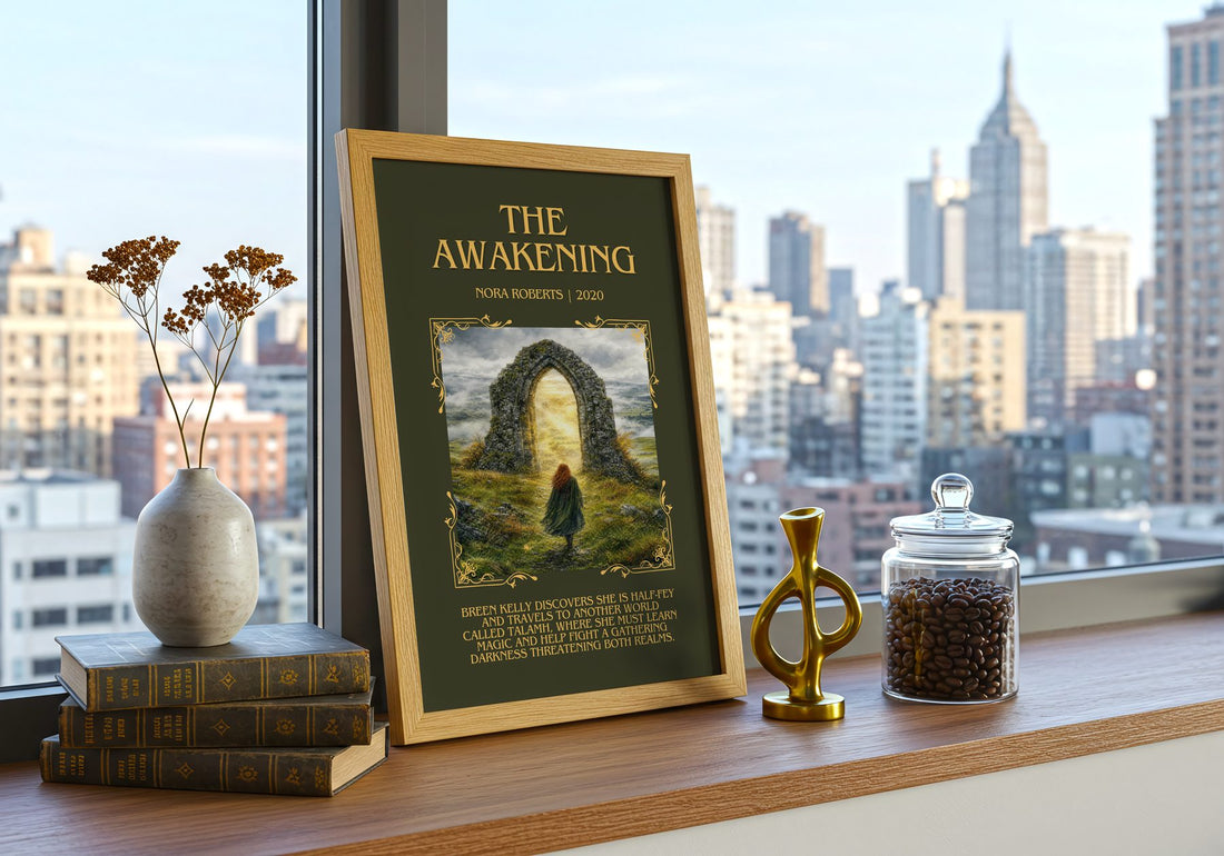 The Awakening Minimalist Book Poster by Nora Roberts – framed print on a city-view windowsill