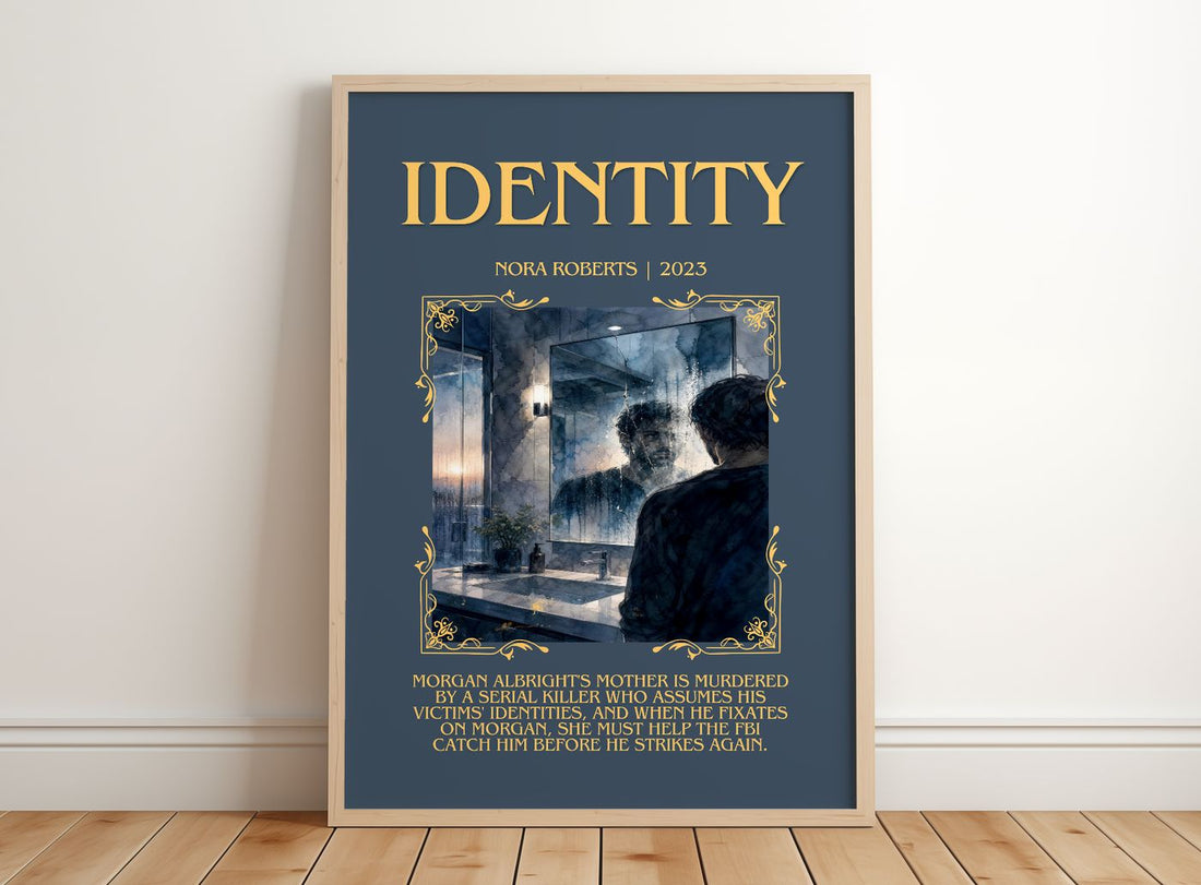Identity Minimalist Book Poster by Nora Roberts – framed print leaning on a wooden floor