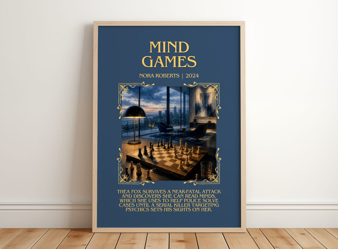 Mind Games Minimalist Book Poster by Nora Roberts – framed print leaning on a wooden floor
