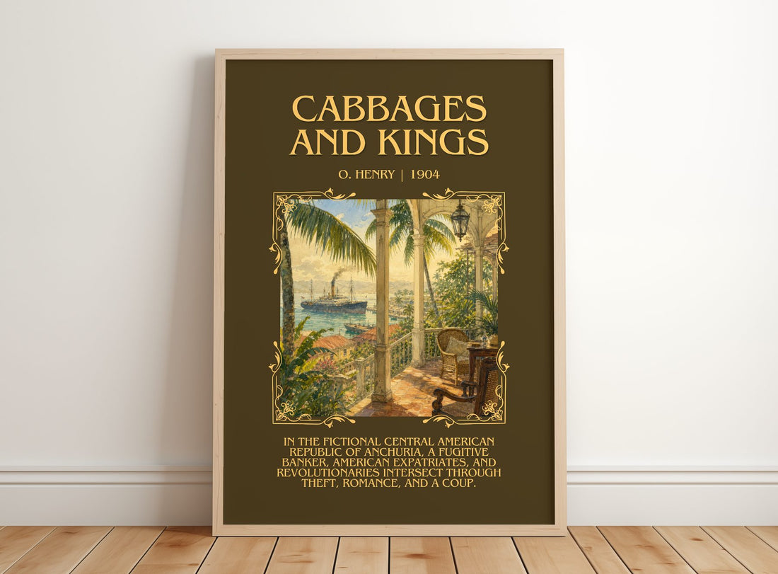 Cabbages And Kings Minimalist Book Poster by O. Henry – framed print leaning on a wooden floor