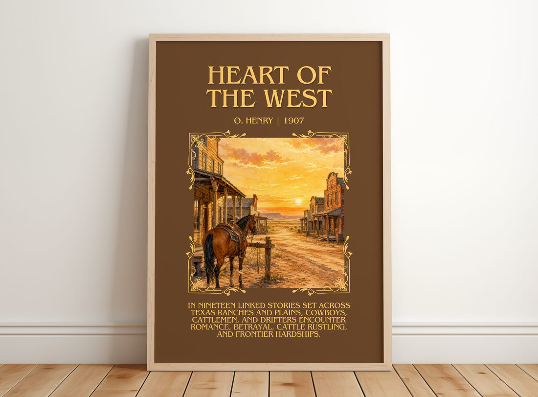 Heart Of The West Minimalist Book Poster by O. Henry – framed print leaning on a wooden floor