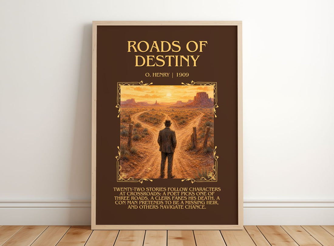 Roads Of Destiny Minimalist Book Poster by O. Henry – framed print leaning on a wooden floor