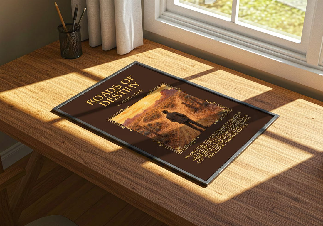 Roads Of Destiny Minimalist Book Poster by O. Henry – print on a sunlit desk