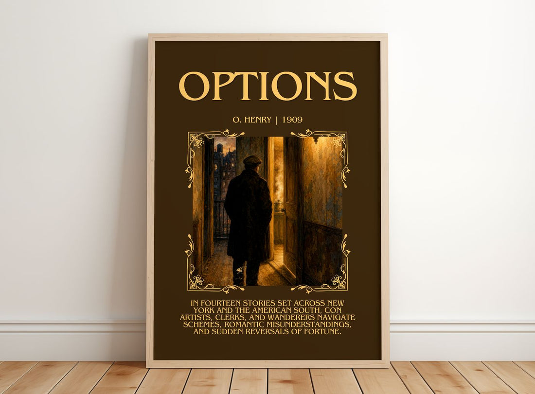 Options Minimalist Book Poster by O. Henry – framed print leaning on a wooden floor