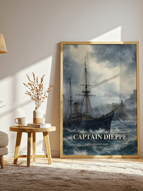 Captain Dieppe watercolour print in frame leaning in hallway – historical fiction wall art