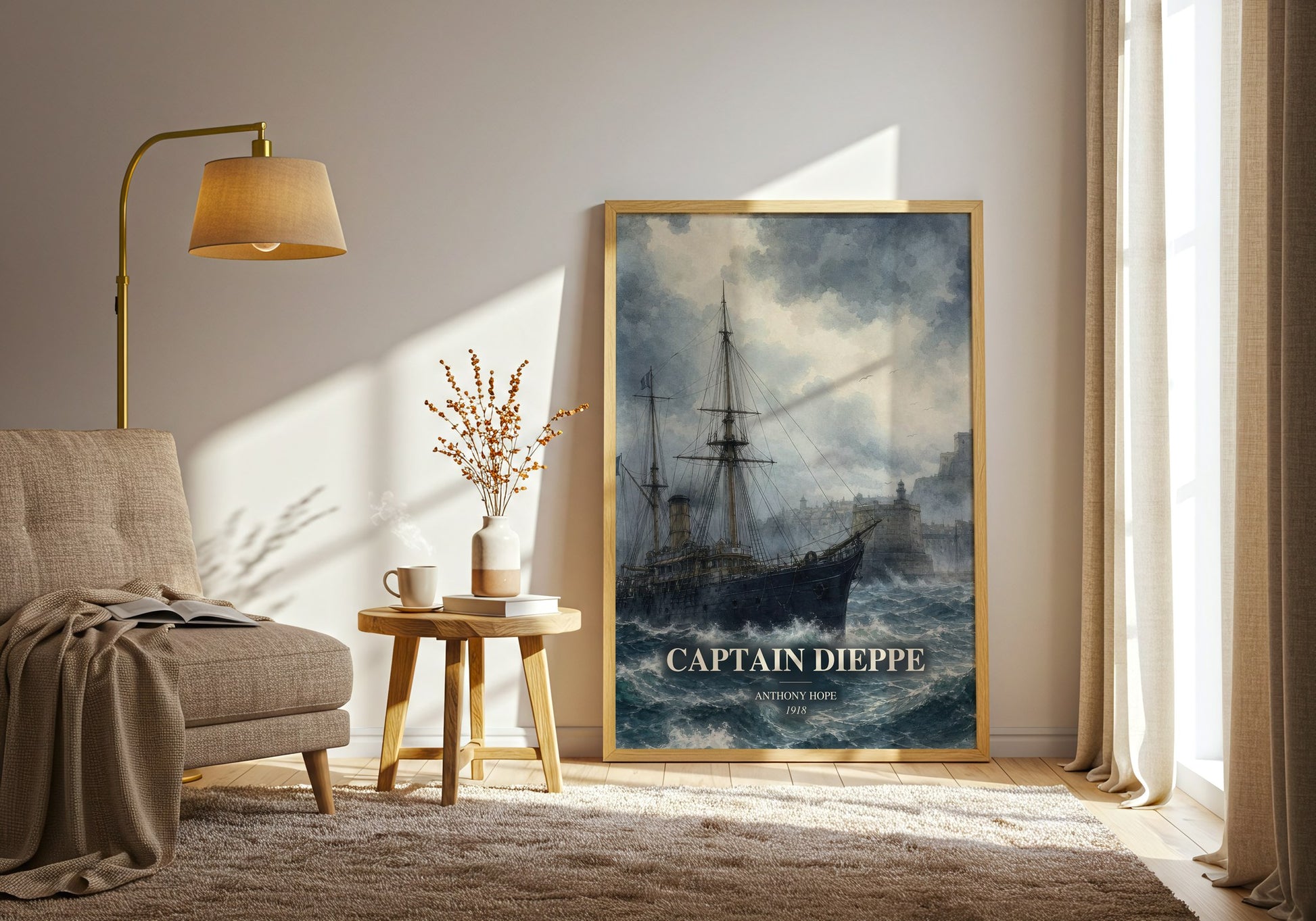 Captain Dieppe watercolour print in frame leaning in hallway – historical fiction wall art