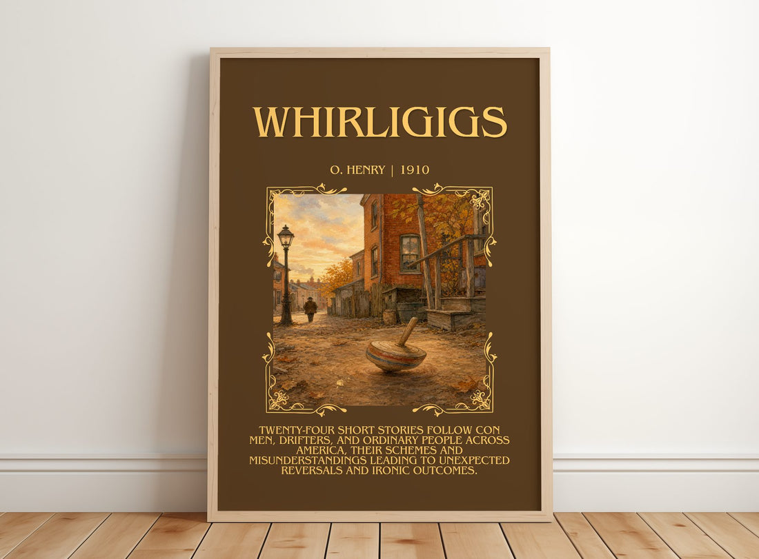 Whirligigs Minimalist Book Poster by O. Henry – framed print leaning on a wooden floor