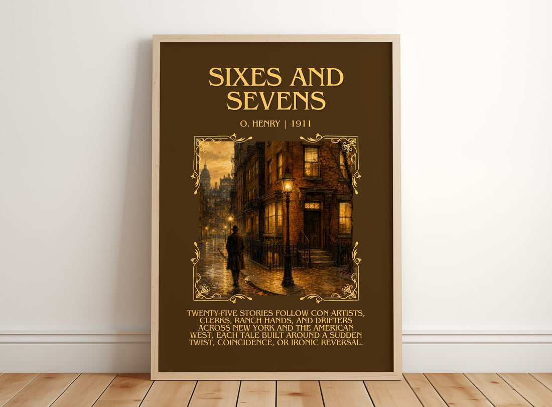Sixes And Sevens Minimalist Book Poster by O. Henry – framed print leaning on a wooden floor