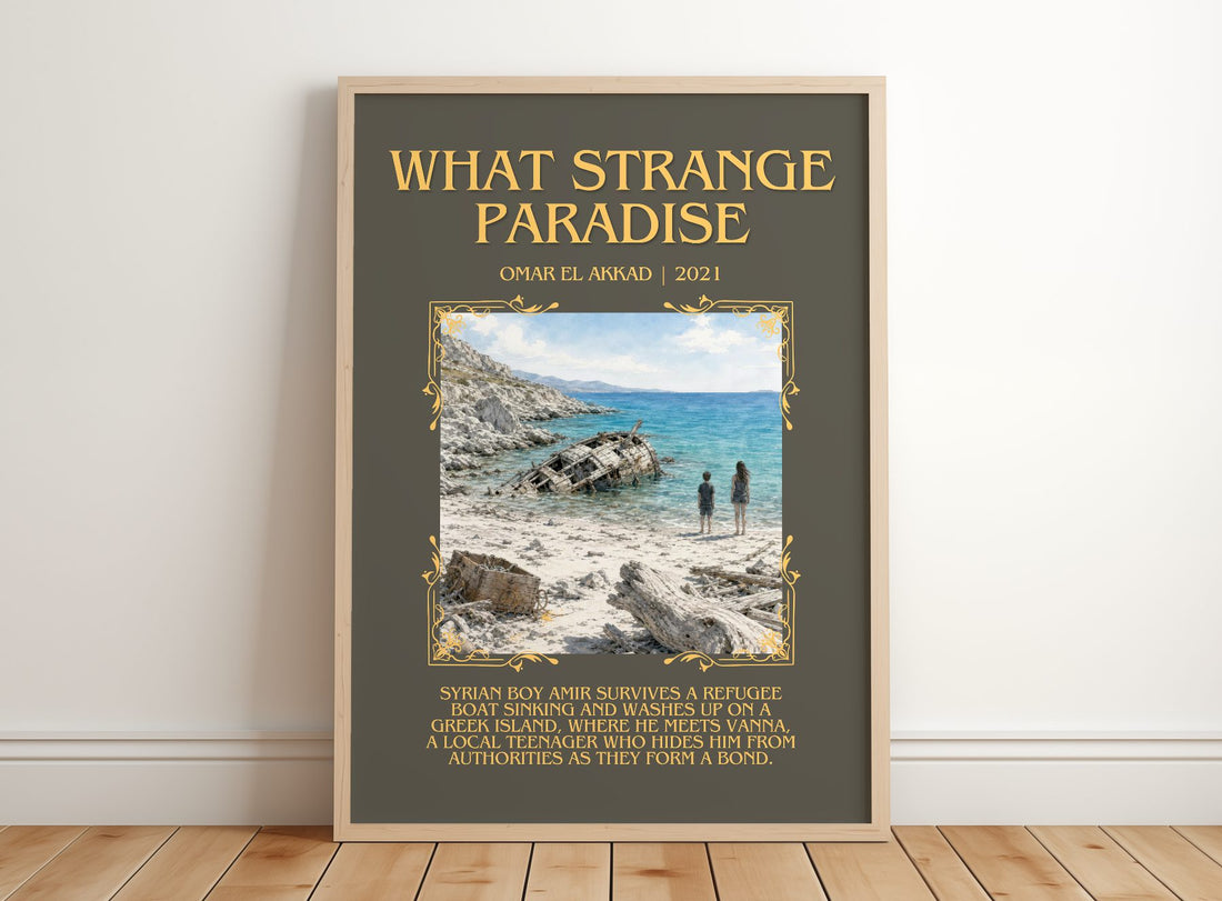 What Strange Paradise Minimalist Book Poster by Omar El Akkad – framed print leaning on a wooden floor