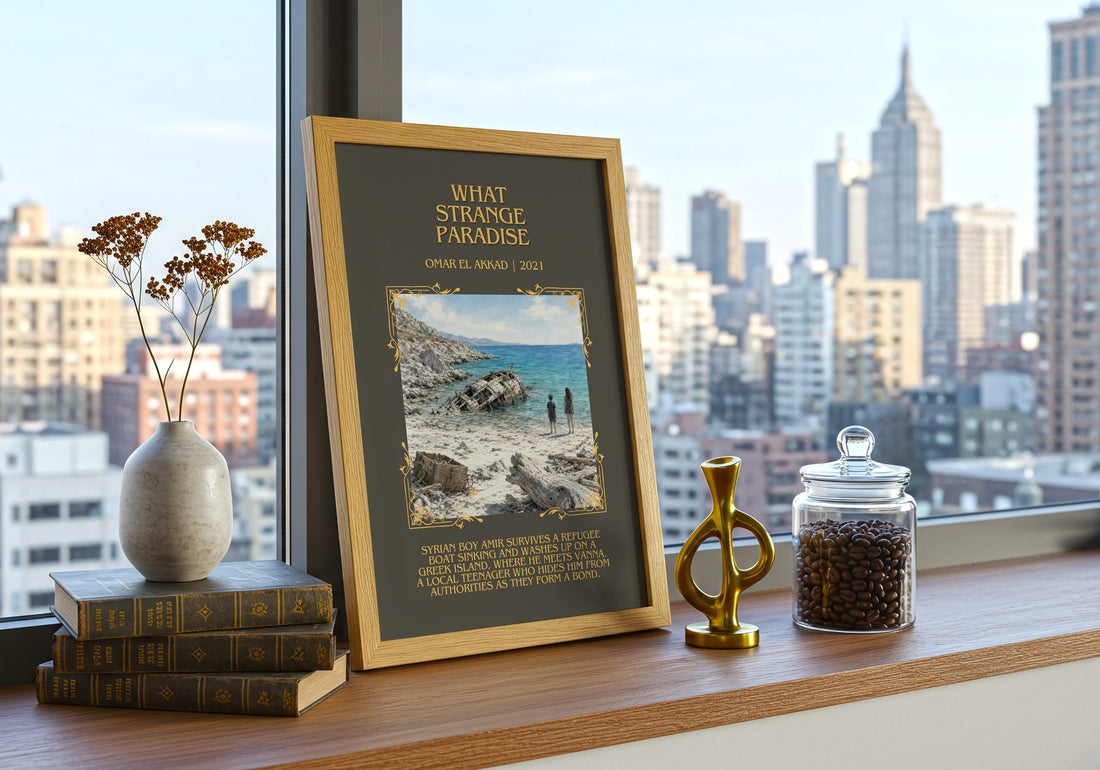 What Strange Paradise Minimalist Book Poster by Omar El Akkad – framed print on a city-view windowsill