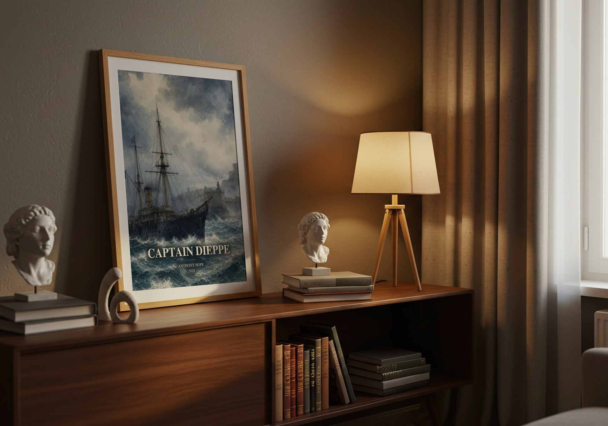Captain Dieppe watercolour print on bookshelf – Anthony Hope fan gift