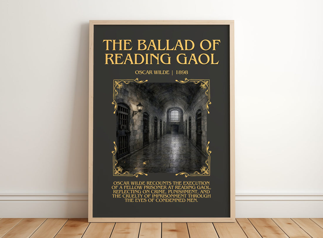 The Ballad Of Reading Gaol Minimalist Book Poster by Oscar Wilde – framed print leaning on a wooden floor