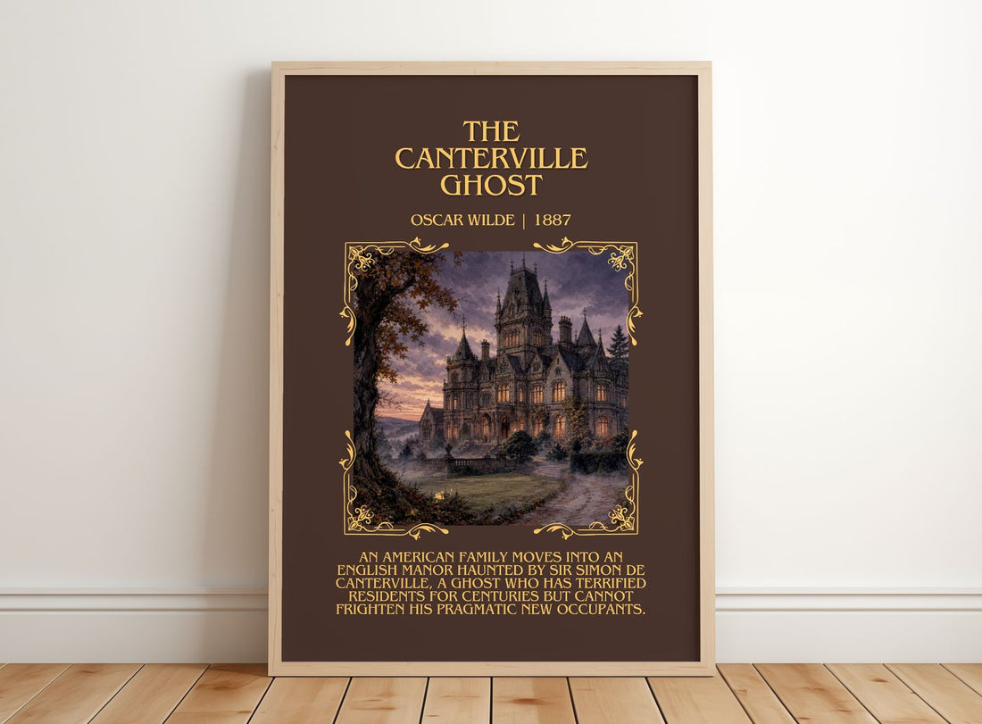 The Canterville Ghost Minimalist Book Poster by Oscar Wilde – framed print leaning on a wooden floor