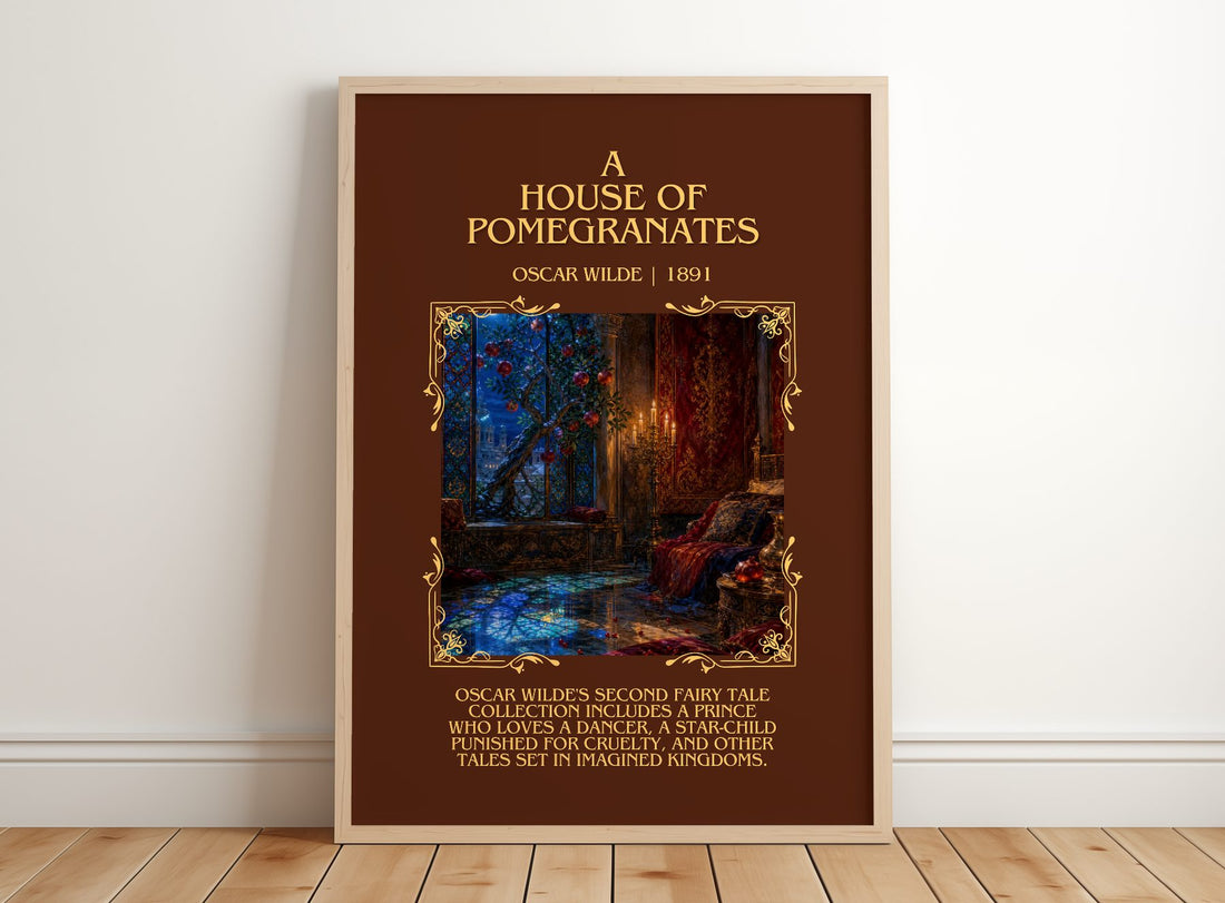 A House Of Pomegranates Minimalist Book Poster by Oscar Wilde – framed print leaning on a wooden floor