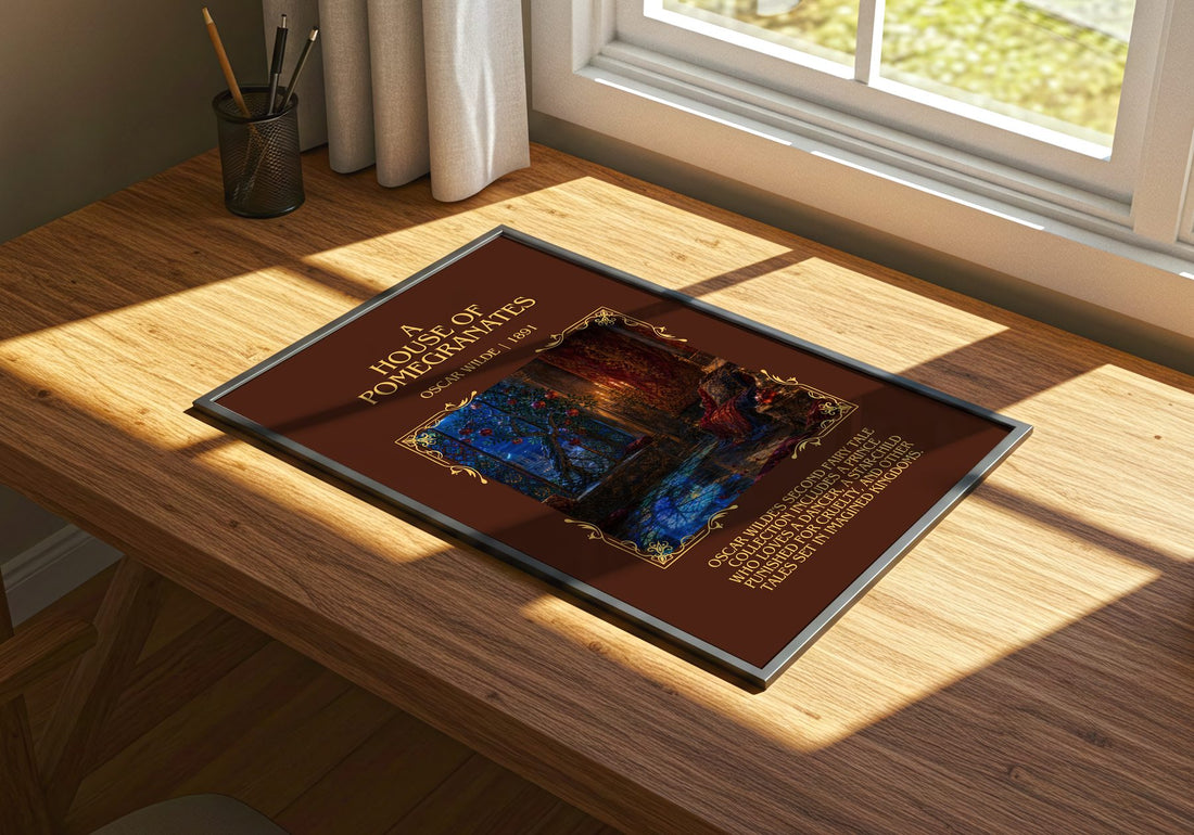 A House Of Pomegranates Minimalist Book Poster by Oscar Wilde – print on a sunlit desk