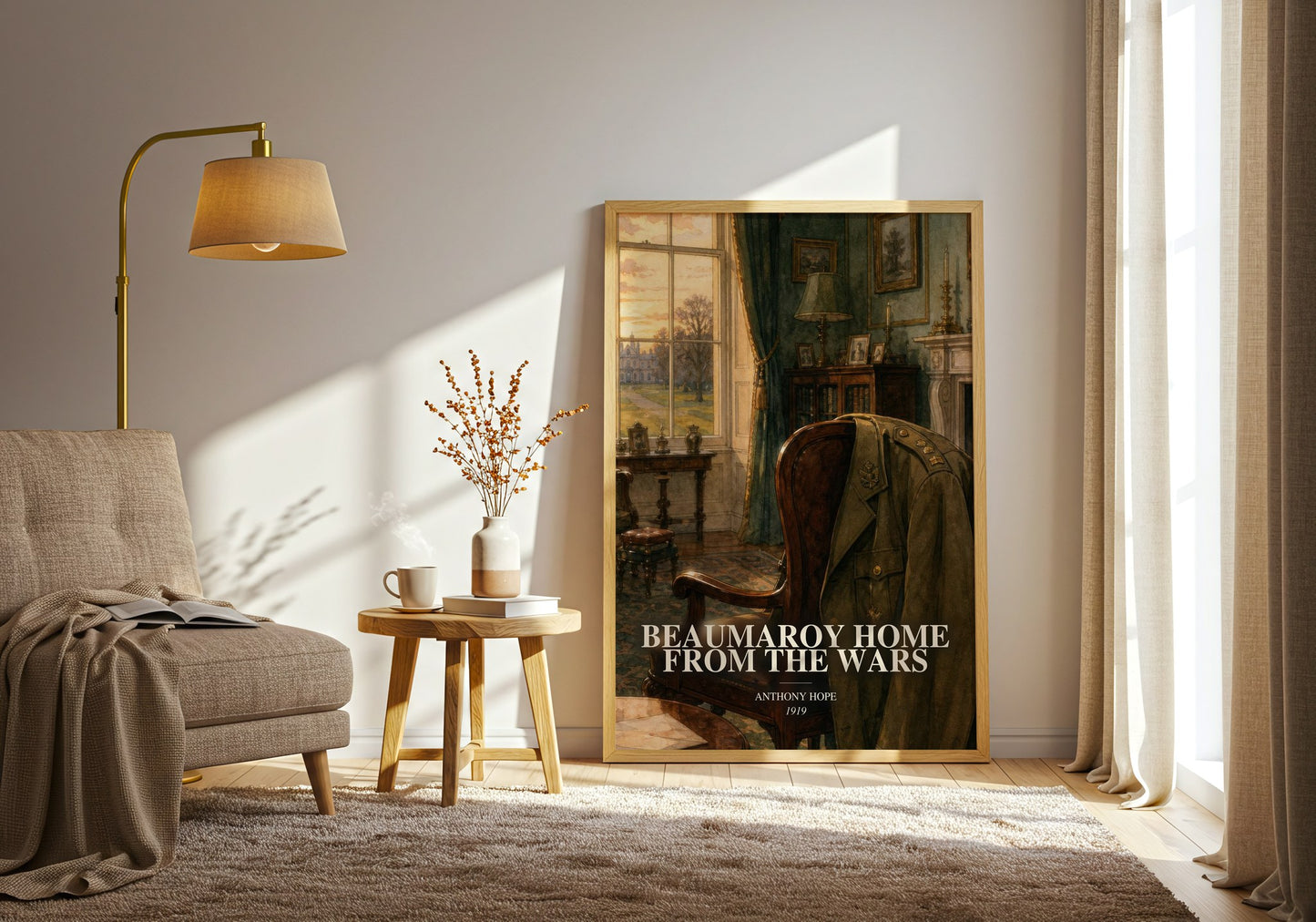 Beaumaroy Home From The Wars watercolour print in frame leaning in hallway – mystery wall art