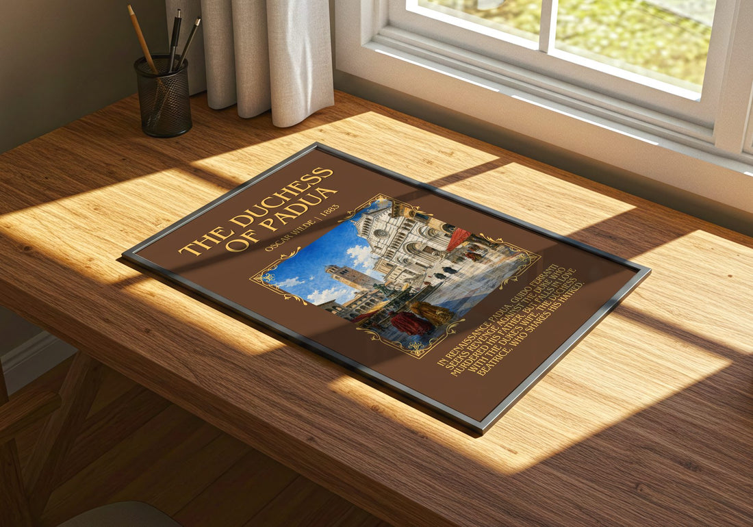 The Duchess Of Padua Minimalist Book Poster by Oscar Wilde – print on a sunlit desk