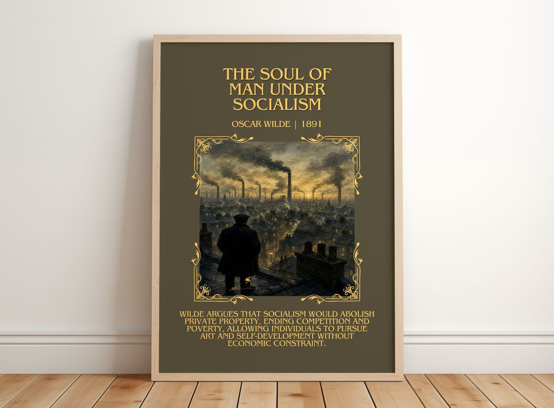 The Soul Of Man Under Socialism Minimalist Book Poster by Oscar Wilde – framed print leaning on a wooden floor