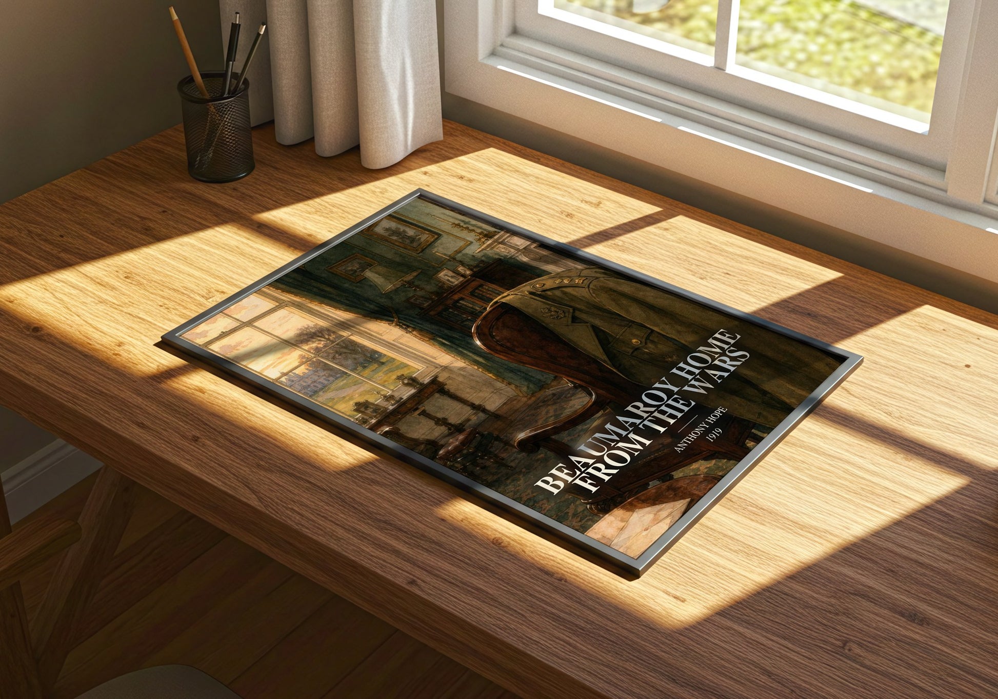 Beaumaroy Home From The Wars watercolour book poster framed on wall – mystery wall art