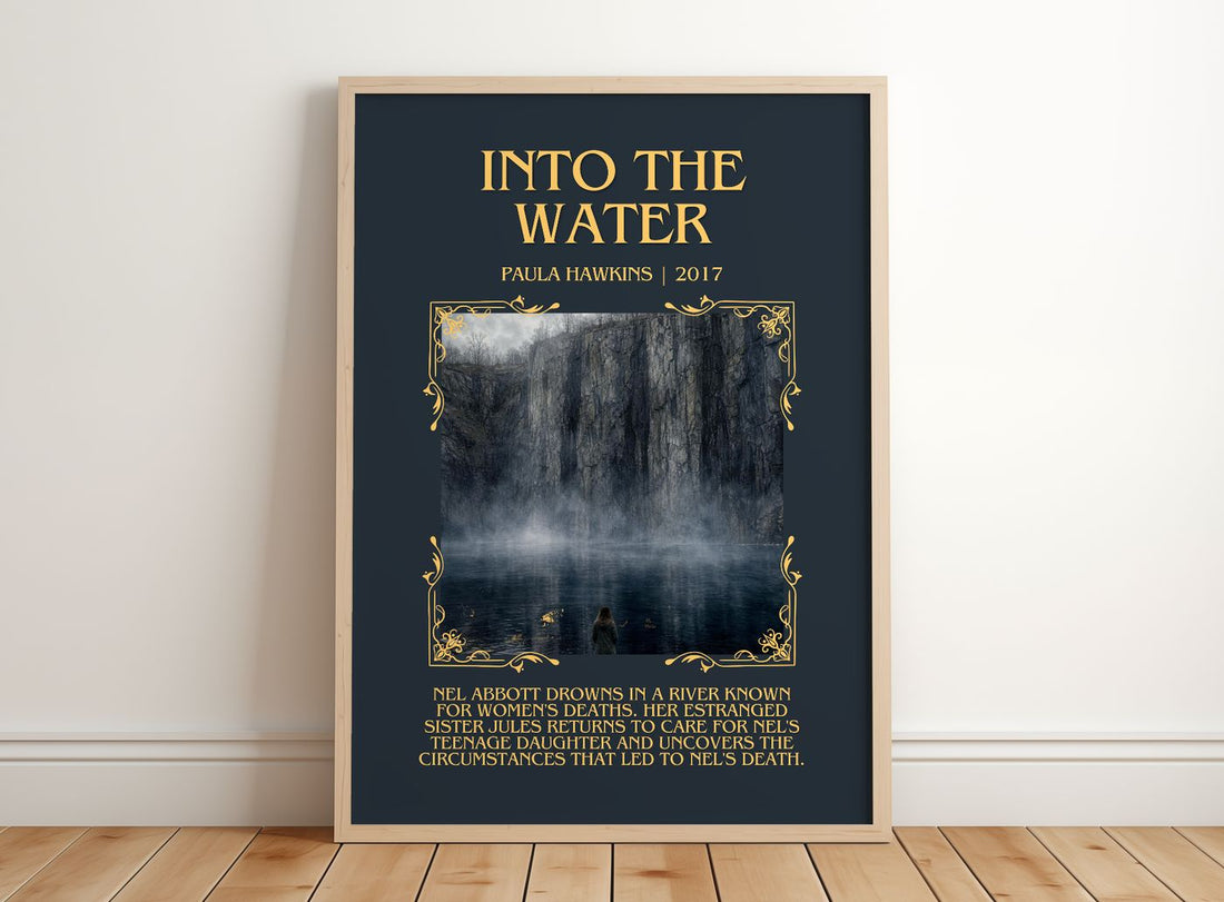 Into The Water Minimalist Book Poster by Paula Hawkins – framed print leaning on a wooden floor