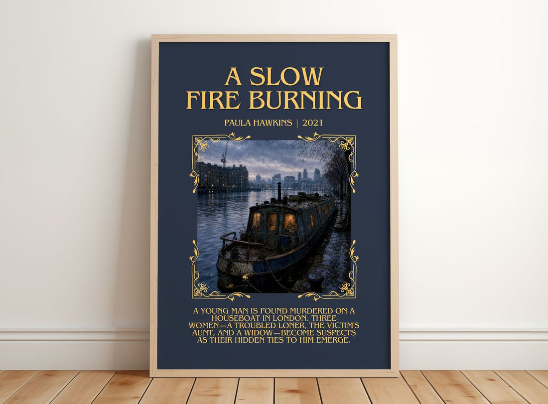 A Slow Fire Burning Minimalist Book Poster by Paula Hawkins – framed print leaning on a wooden floor