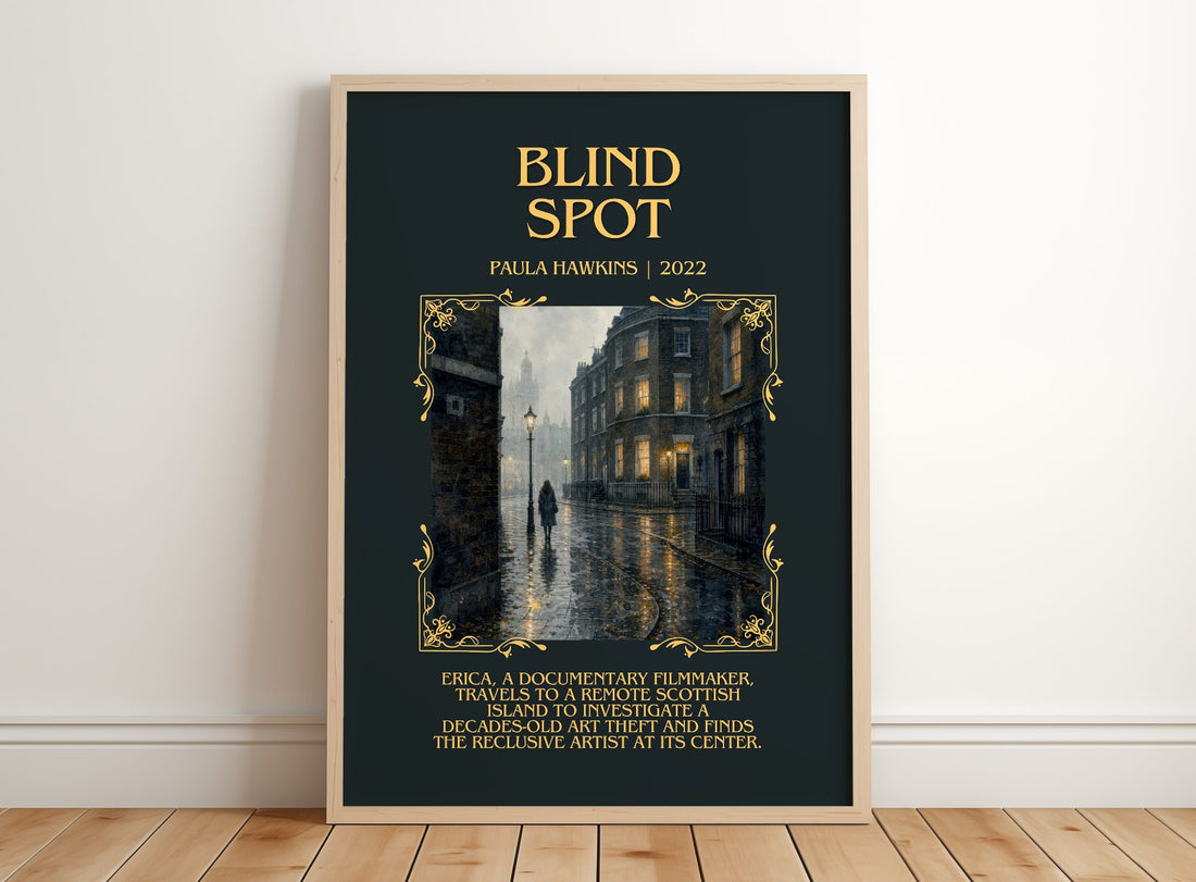 Blind Spot Minimalist Book Poster by Paula Hawkins – framed print leaning on a wooden floor