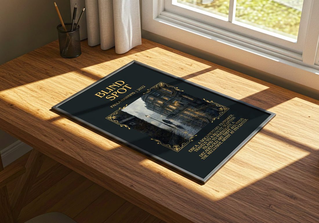 Blind Spot Minimalist Book Poster by Paula Hawkins – print on a sunlit desk