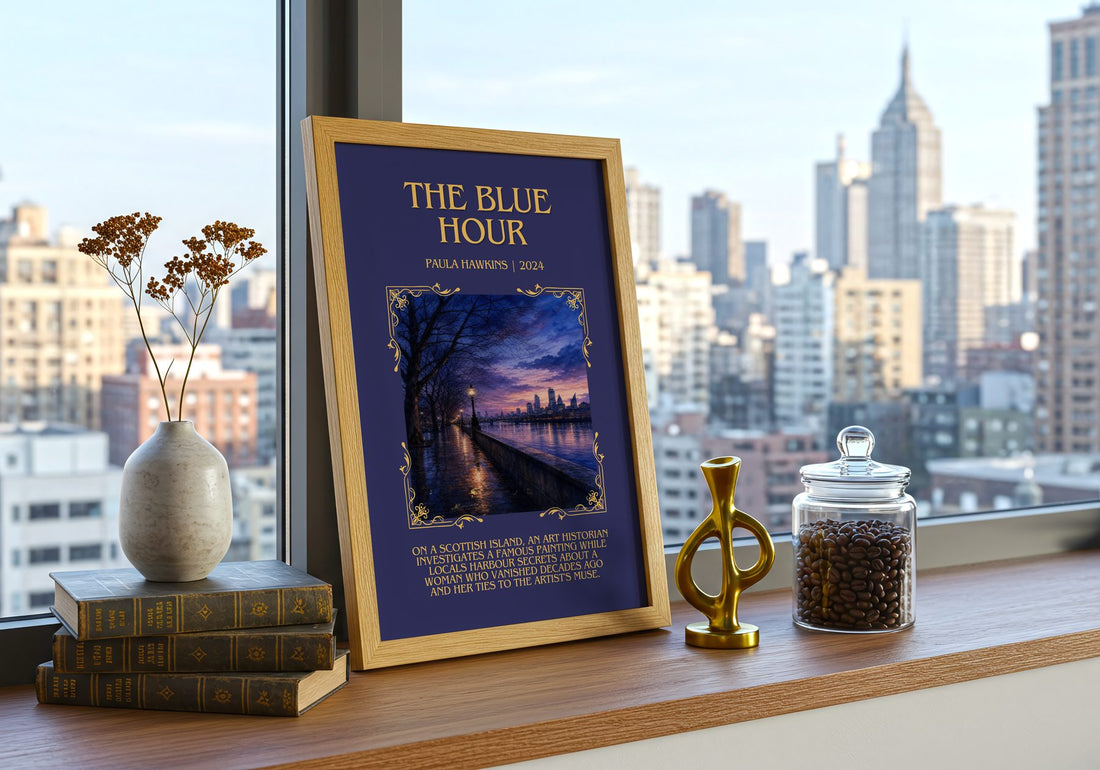 The Blue Hour Minimalist Book Poster by Paula Hawkins – framed print on a city-view windowsill