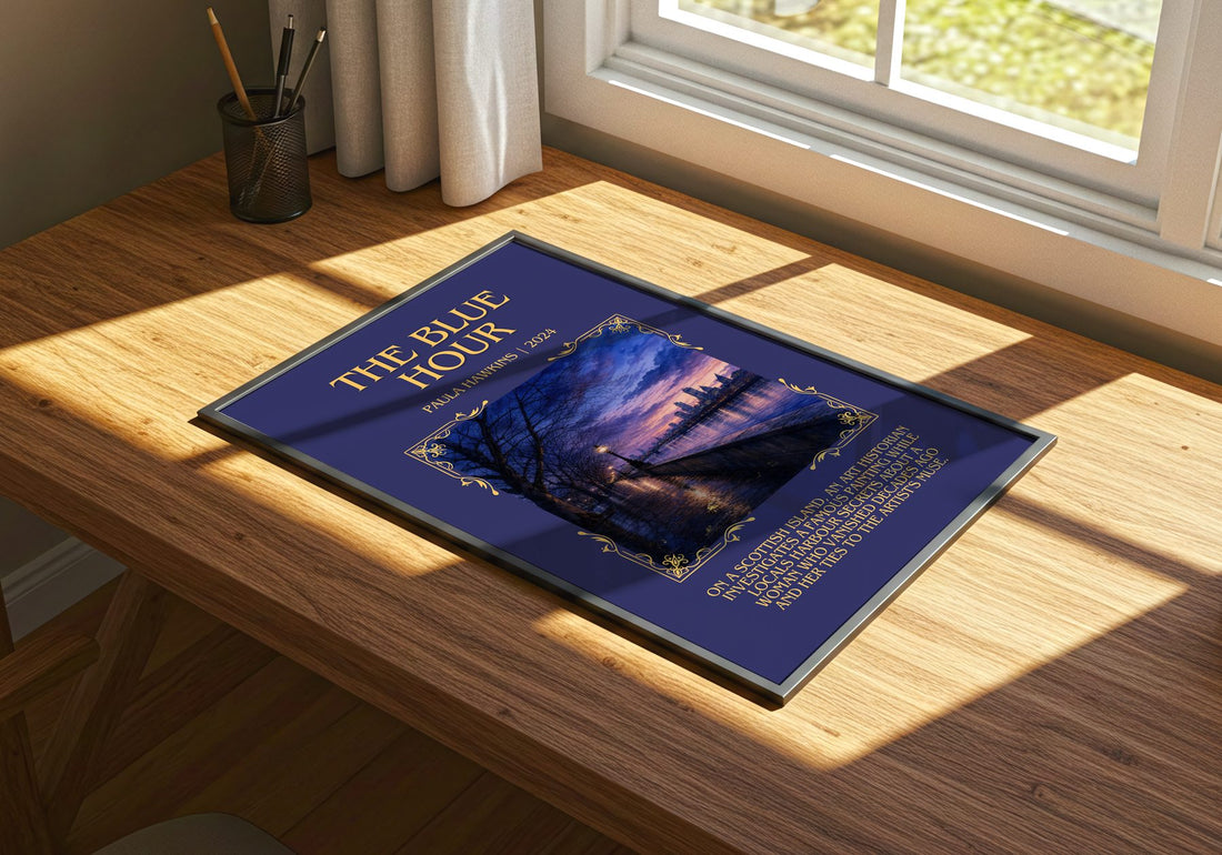 The Blue Hour Minimalist Book Poster by Paula Hawkins – print on a sunlit desk