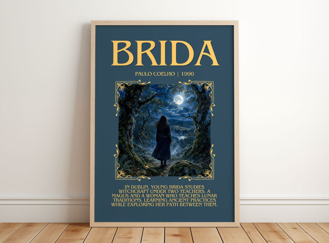 Brida Minimalist Book Poster by Paulo Coelho – framed print leaning on a wooden floor