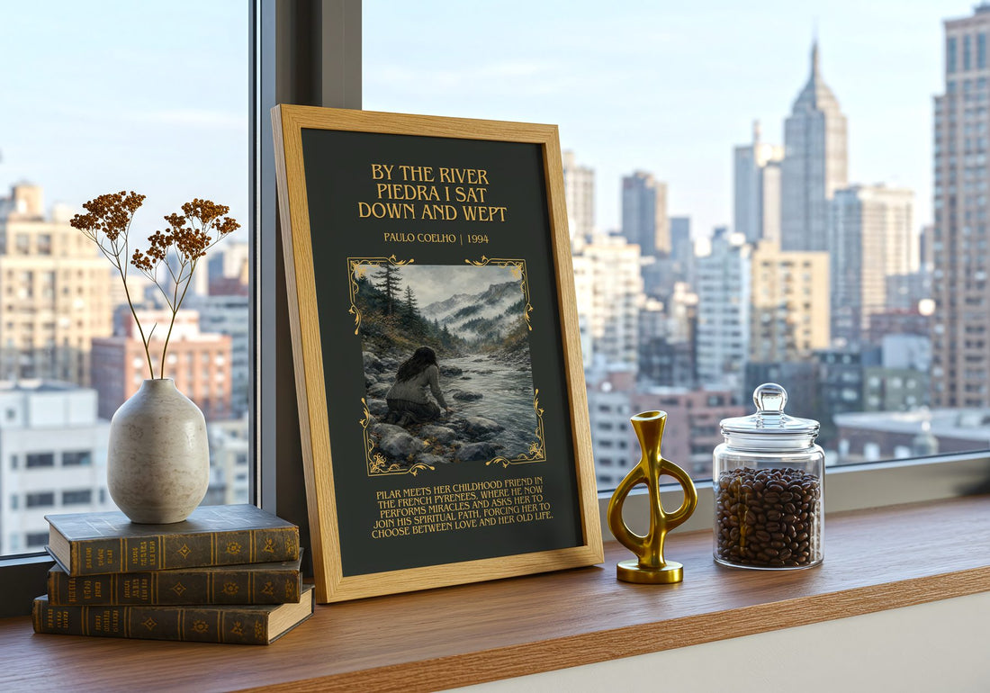 By The River Piedra I Sat Down And Wept Minimalist Book Poster – framed print on a city-view windowsill