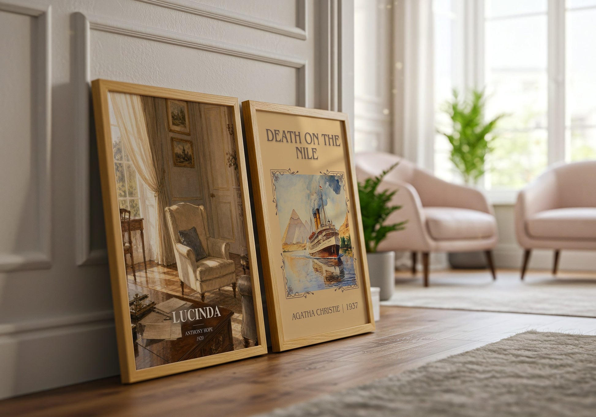 Lucinda watercolour print framed by window – literary home decor