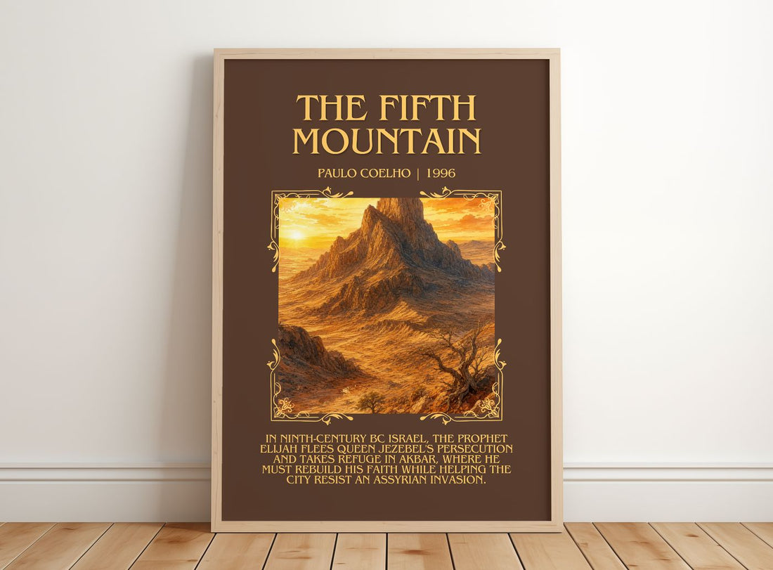 The Fifth Mountain Minimalist Book Poster by Paulo Coelho – framed print leaning on a wooden floor