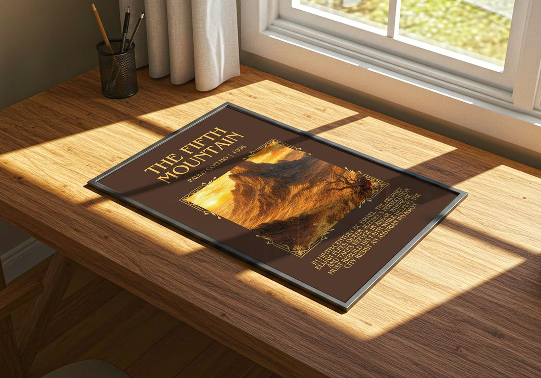 The Fifth Mountain Minimalist Book Poster by Paulo Coelho – print on a sunlit desk