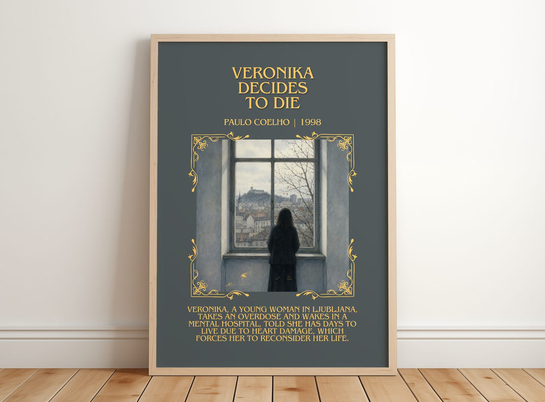 Veronika Decides To Die Minimalist Book Poster by Paulo Coelho – framed print leaning on a wooden floor