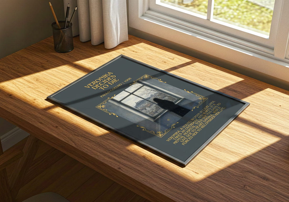 Veronika Decides To Die Minimalist Book Poster by Paulo Coelho – print on a sunlit desk