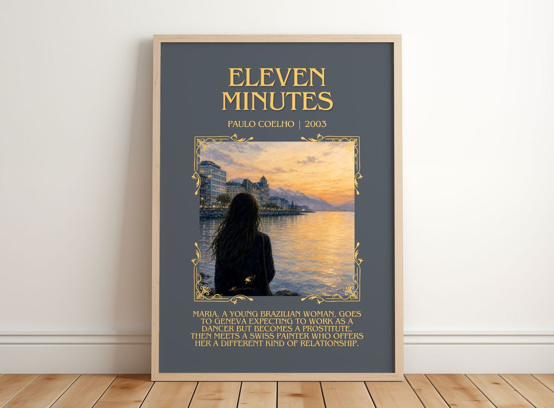 Eleven Minutes Minimalist Book Poster by Paulo Coelho – framed print leaning on a wooden floor