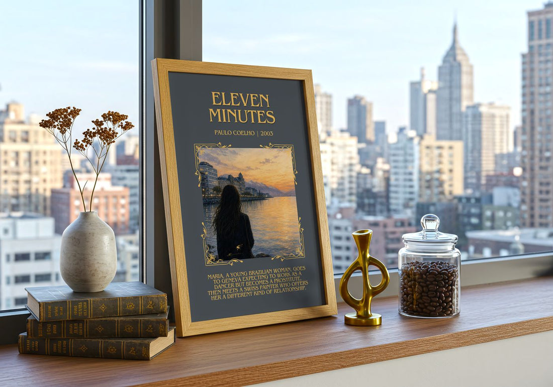 Eleven Minutes Minimalist Book Poster by Paulo Coelho – framed print on a city-view windowsill